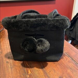 Lord & Taylor Black Faux Fur Pom Pom Tote
